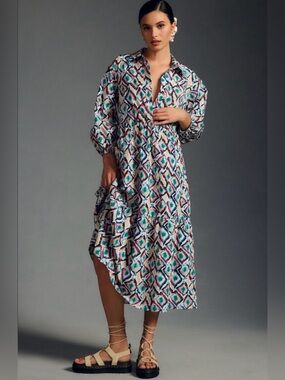 Anthropologie Multicolor Geometric Midi Dress - Teal, Coral & Navy